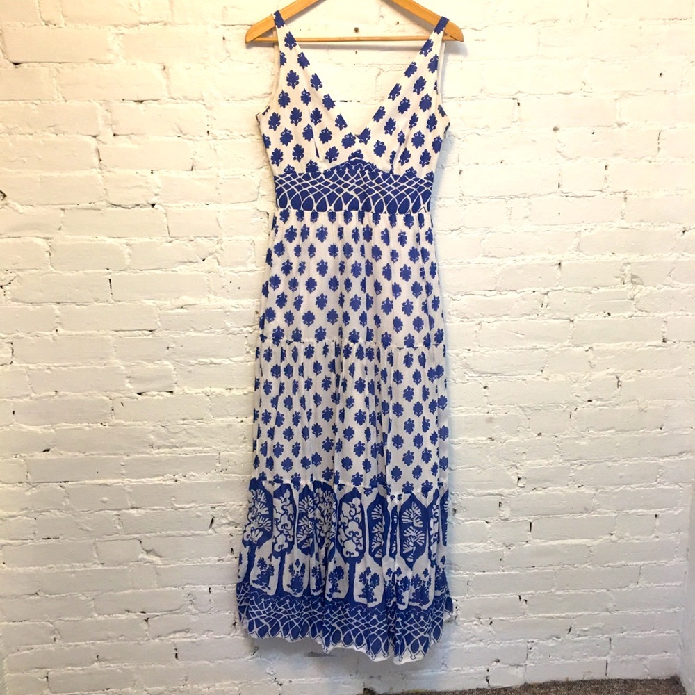 J. Crew cotton block print maxi dress blue sleeveless size 00